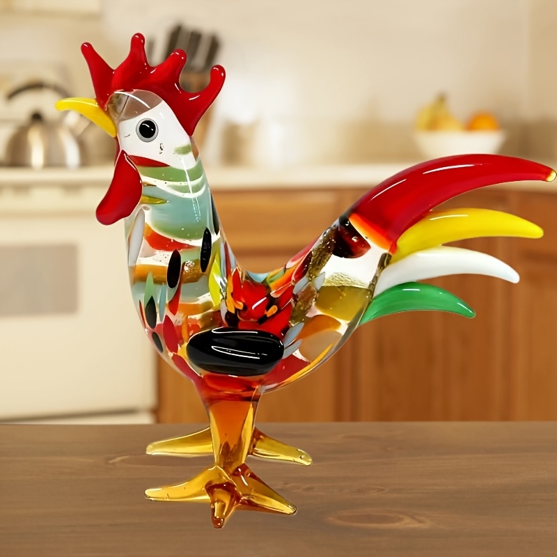 TEMU A Glass Colorful Rooster Ornament, Featuring A Miniature Farmhouse And A Small Rooster Statue, Perfect For Home Decor, Holiday And Table