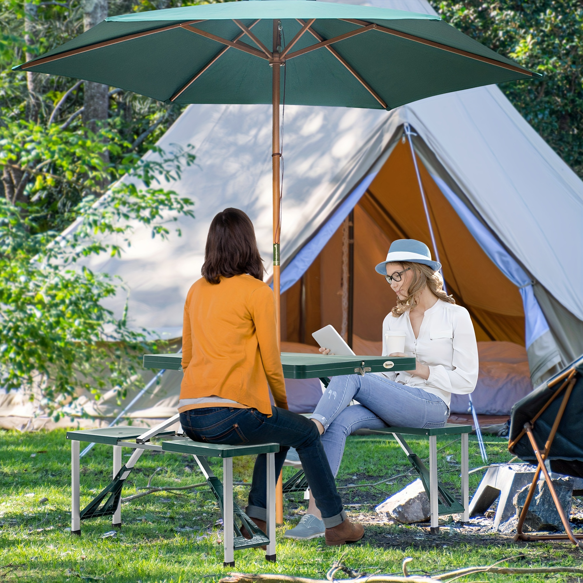 

Outsunny Folding Picnic Table With Seats And Umbrella Hole, Portable Camping Chairs Set, 4-seat, Aluminum Frame, Green