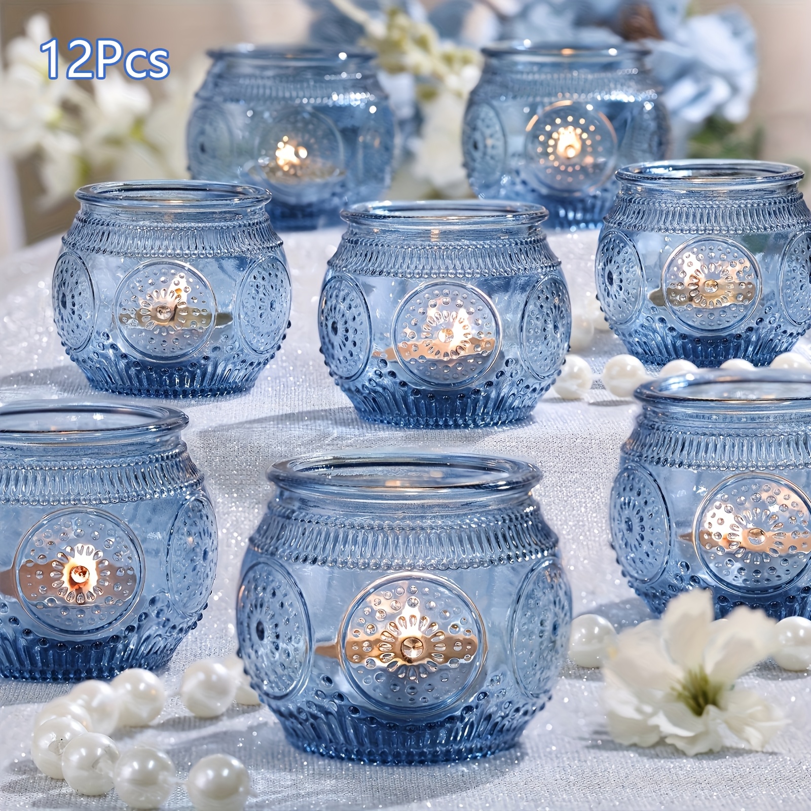 E-shop Blaues Glas Teelichter Set | 12 Stück | Schaffen Sie eine romantische festliche Atmosphäre | Heim-/Esszimmertisch/Feier/Hochzeitsdekoration |