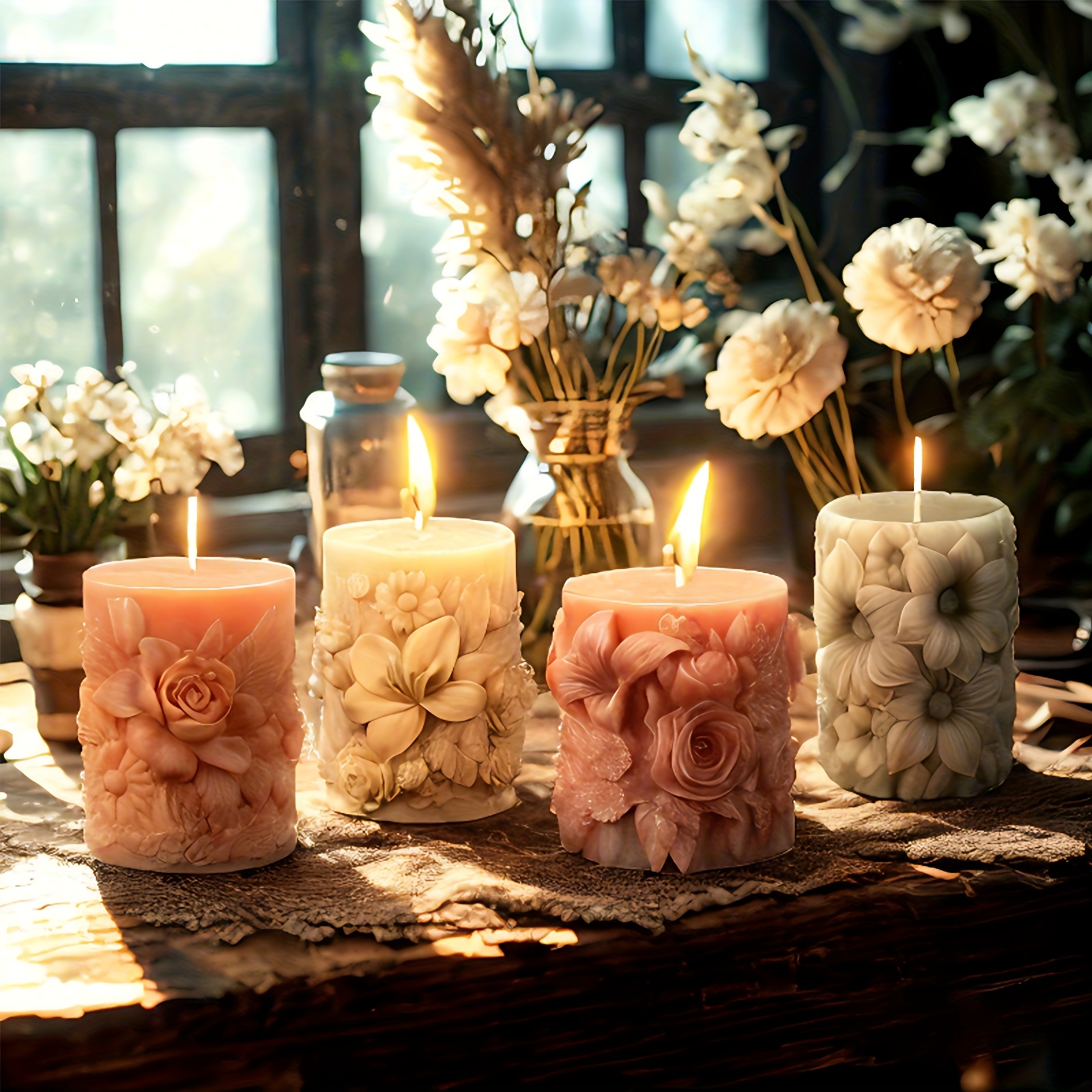 Image of 4pcs 3d Flower Pillar Candle Molds, Cylinder Resin Molds For Epoxy, Cement, Plaster Crafts - Ideal For Wedding Decor And Furniture Embellishment
