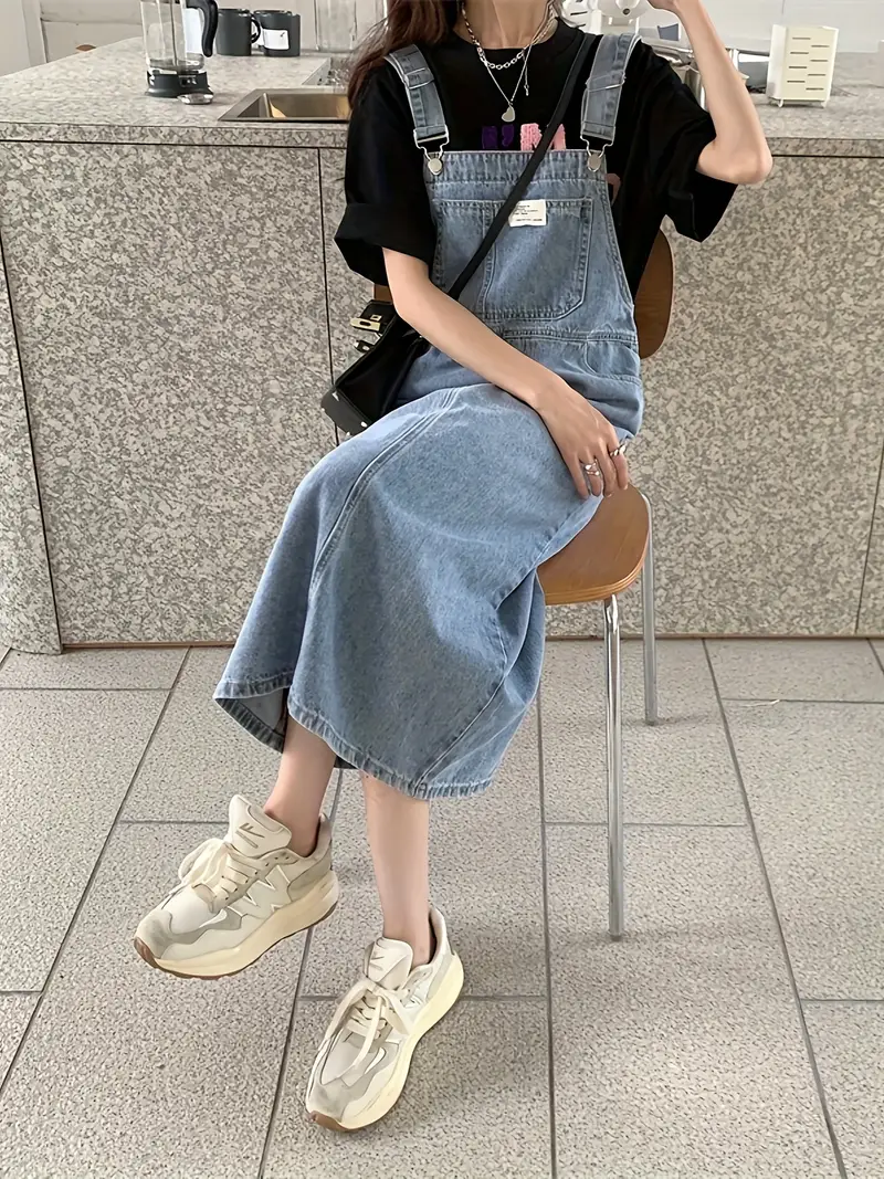 high waist split denim pinafore dress summer - Temu Oman high waist split denim pinafore dress summer - Temu Oman