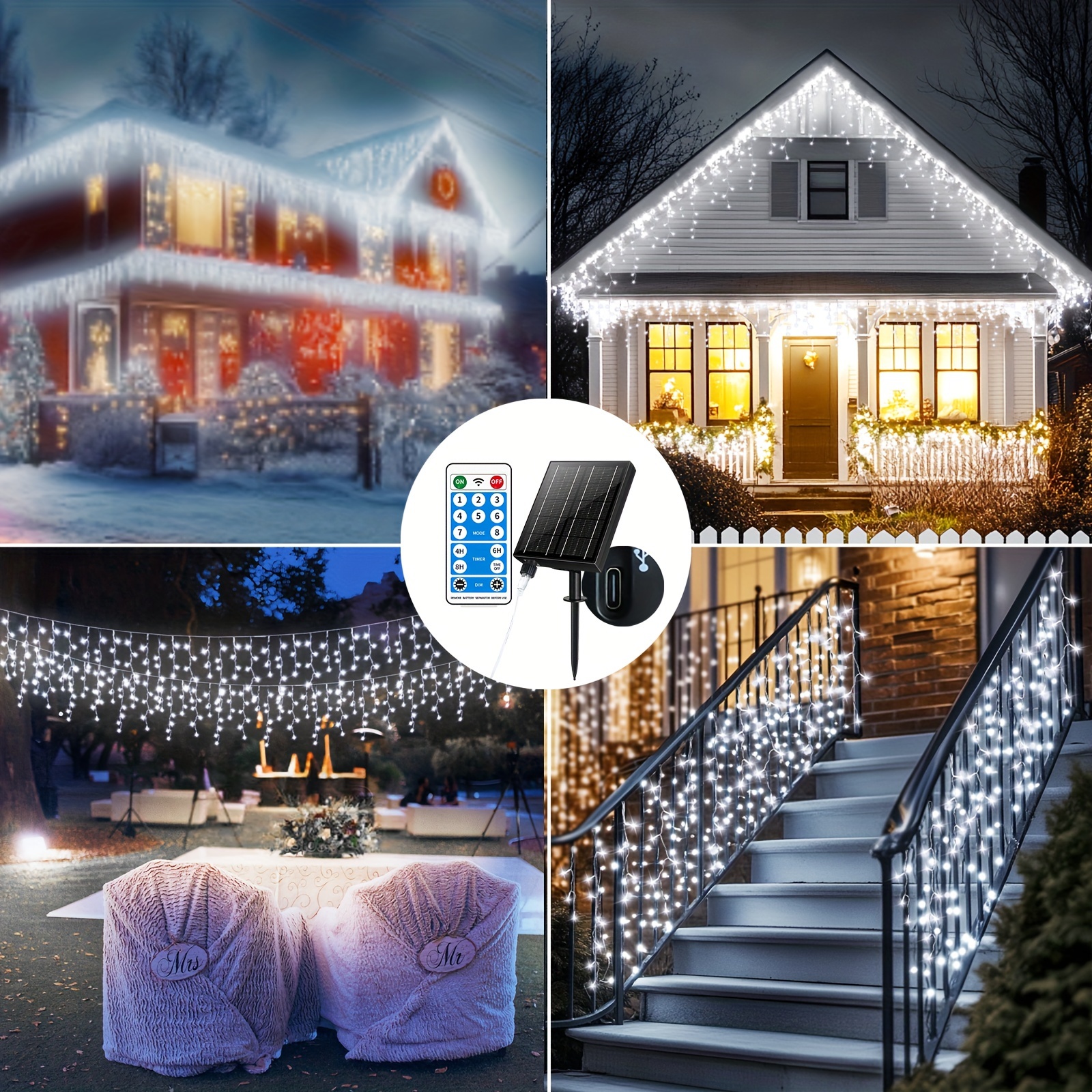 TEMU Outdoor Solar Icicle Lights Outdoor 76.4ft 600led Christmas 2400ma Outdoor Christmas Fairy Lights Usb Rechargeable 8 Timer Remote Control Flash