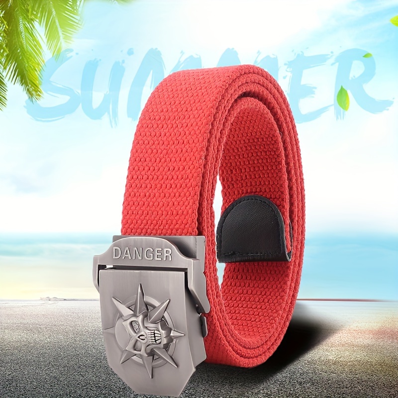 Mens Skull Emblem Canvas Belt with Automatic Buckle