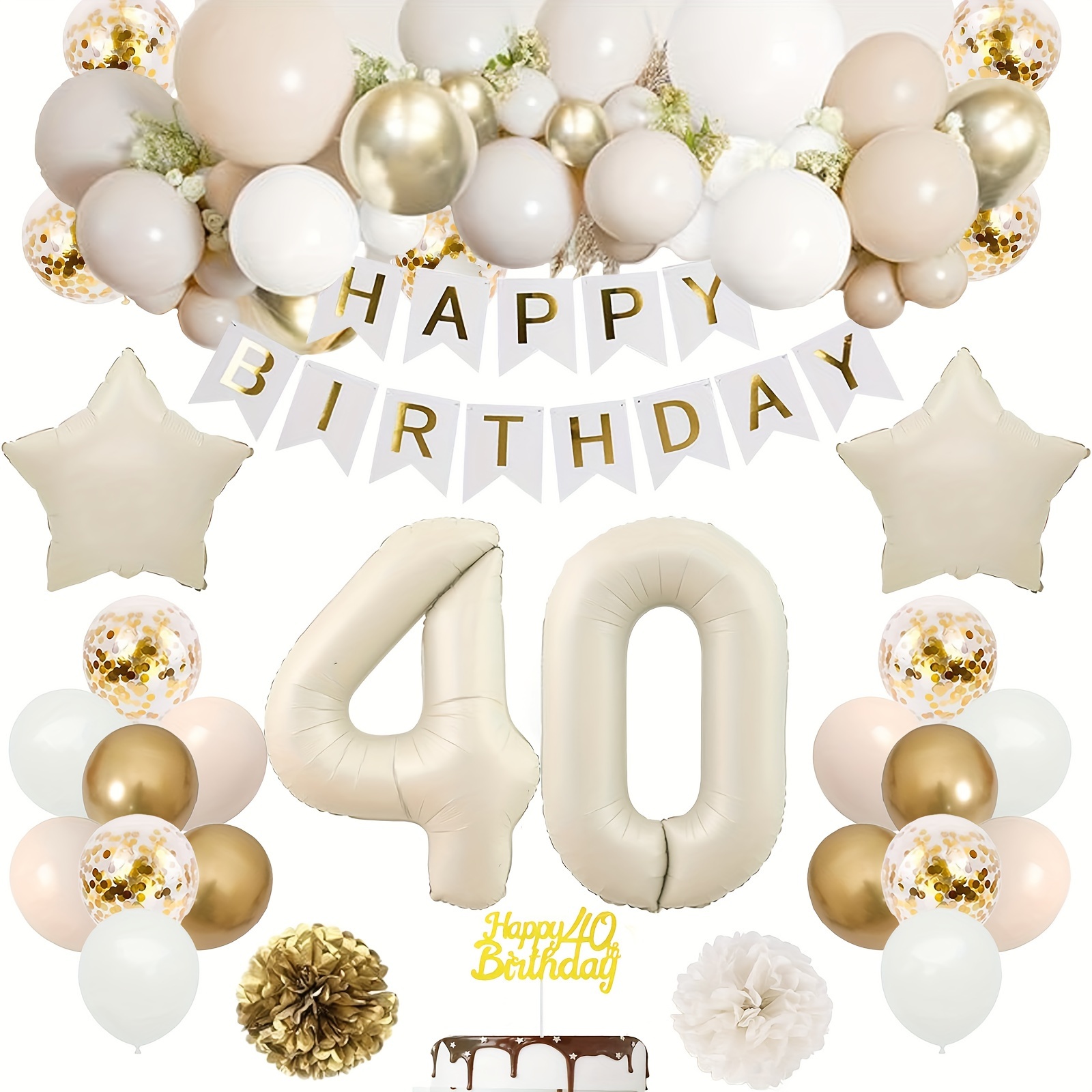 

Elegant 40th Birthday Decorations: Golden, Cream, And White Balloons, Happy Birthday Banner, And Pom Poms - Perfect For Women And Men's 40th Birthday Party