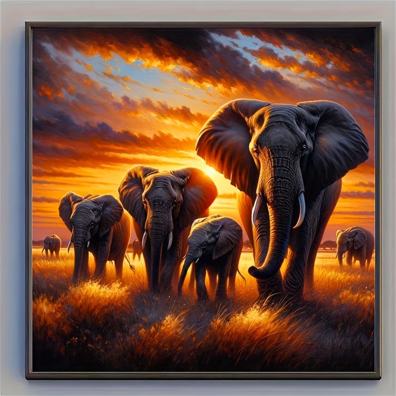 A 5d Diy Painting Set, Featuring An African Elephant Scene At Sunset, , Decor, Acrylic , Unframed 50×50cm / 19.68×19.68 Inches