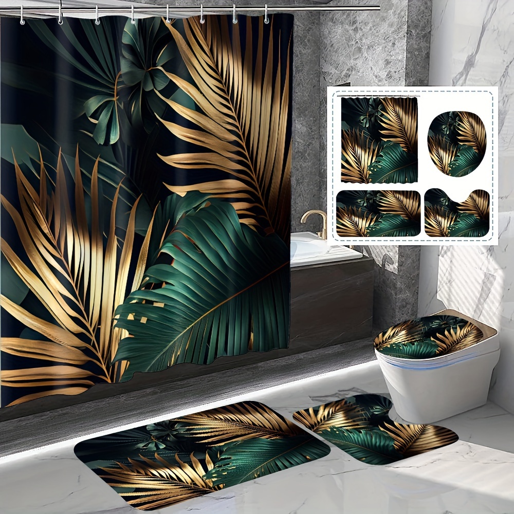 

1/4pcs Green Golden Leaf Pattern Shower Curtain Set, Shower Curtain With 12 Hooks, Non-slip Bath Mat, U-shaped Toilet Mat, Toilet Mat, Bathroom Accessories