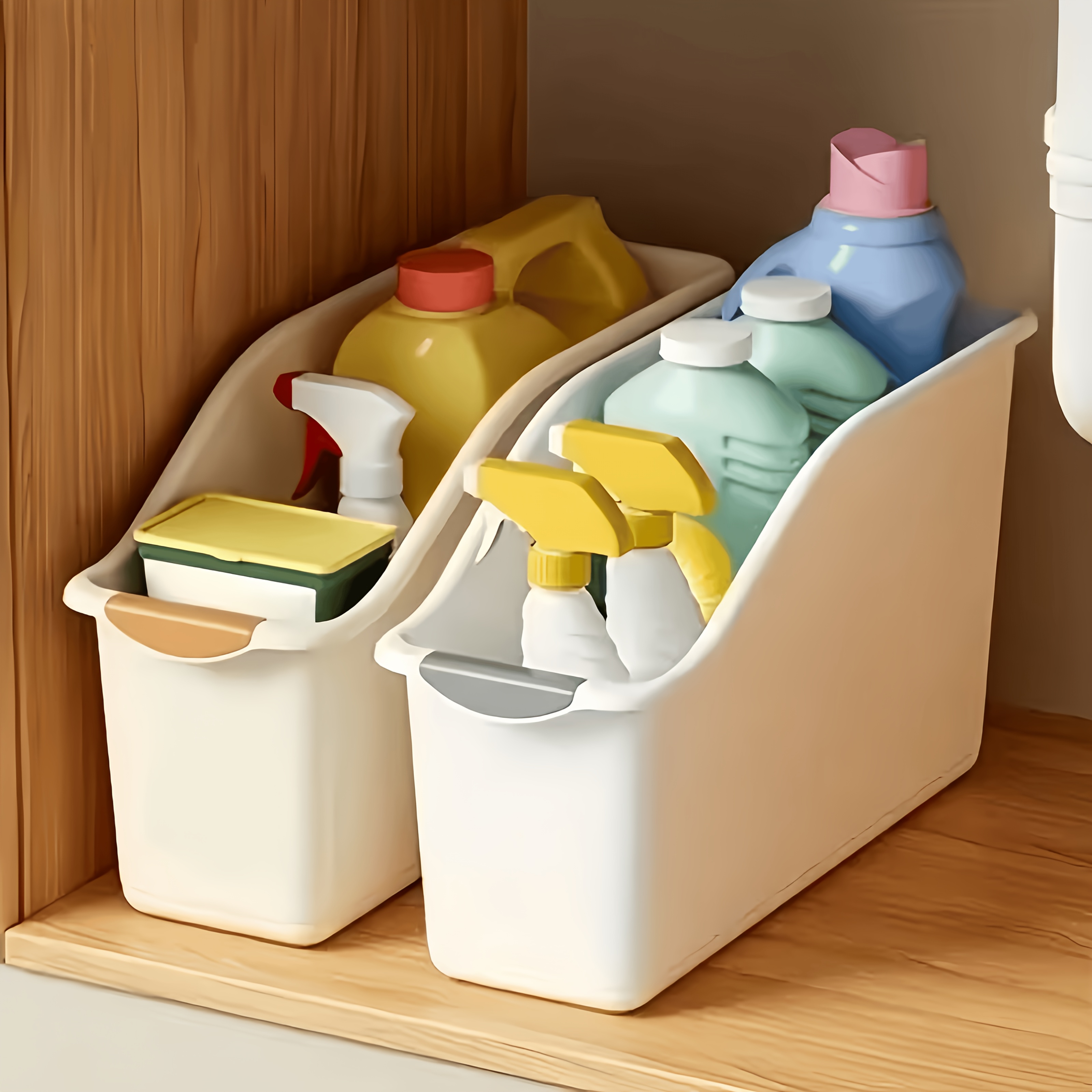 2/3 stück aufbewahrungsboxen mit gebogenem design – robuster kunststoff-organizer, platzsparender weißer behälter für die organisation unter der spüle, vorratskammer & schrank –   für reinigungsmittel, haushaltsartikel & aufbewahrung in küche/badezimmer, keine montage erforderlich