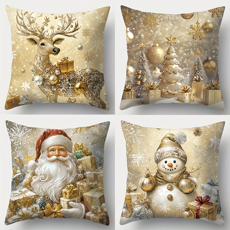 

4pcs Christmas Pillow Covers Set - Golden Santa, Snowman, Deer & Tree Designs | 17.7" X 17.7" | Zippered, Machine Washable Polyester | Living Room, Bedroom, Sofa Decor (pillow Inserts Not Included)