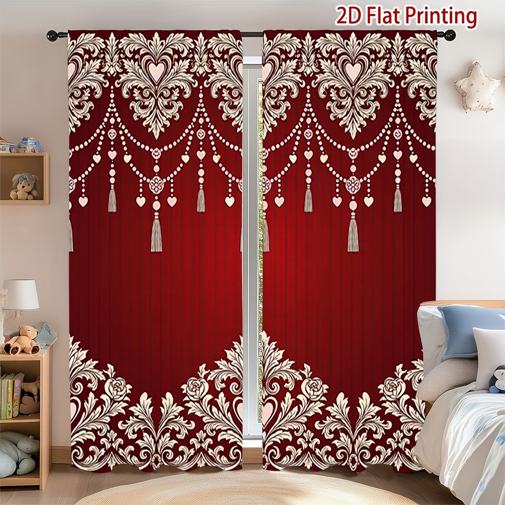 TEMU 2pcs Classical Pattern Printed Curtains, Soft Light Filtering, Privacy Protection, Rod Pocket Installation, Suitable For Living Room, Kitchen,