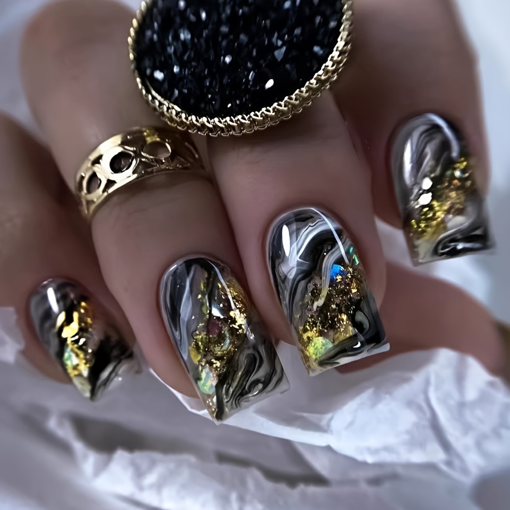 TEMU Enhance Your Look With 24 Medium-sized Square Artificial Nails Featuring A Stylish Design With Accents, Perfect For A Chic Appearance. Vibrant,