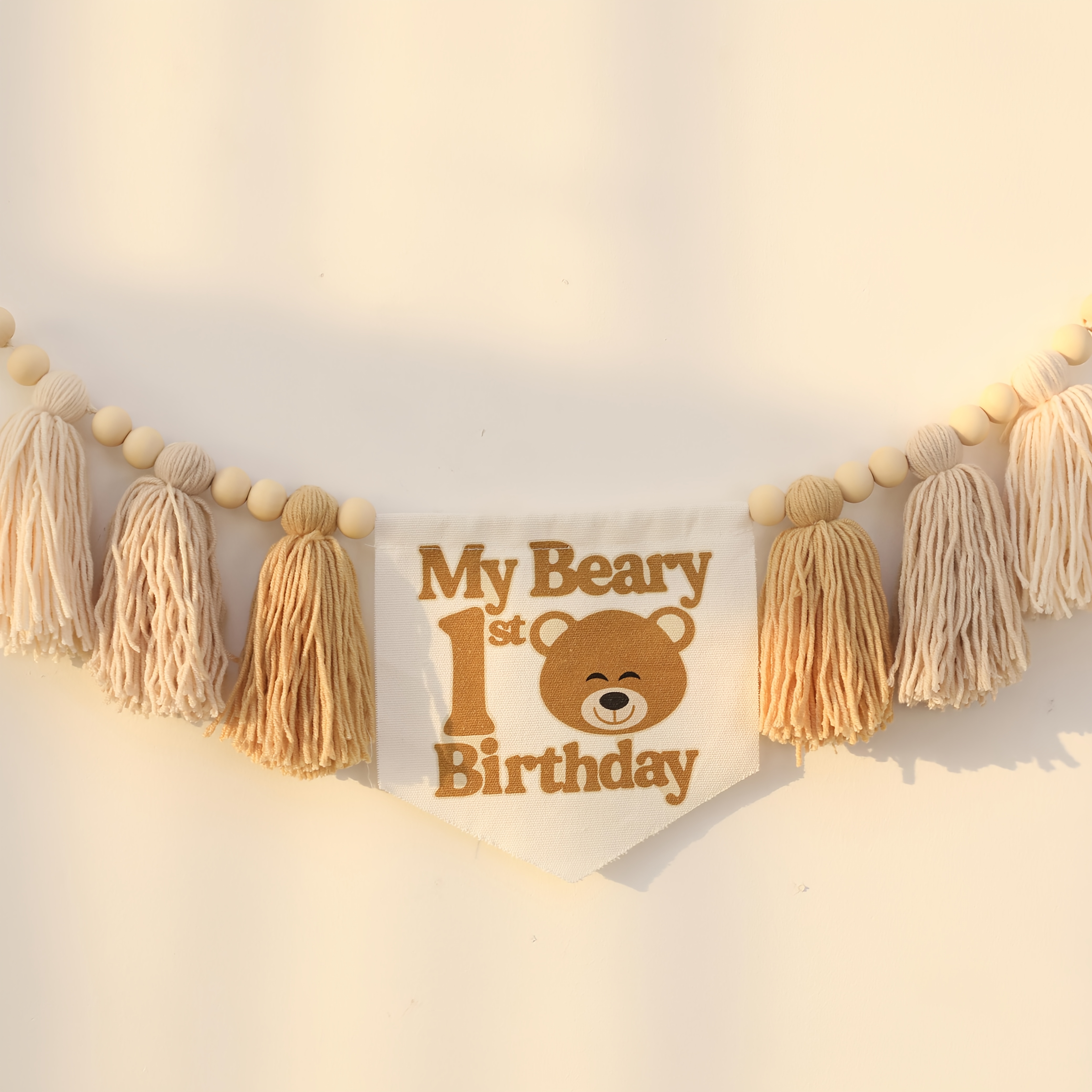 

Handcrafted Bear First Birthday Banner - Khaki & Brown Fleece Tassel Garland For High Chair And Bedroom Decor