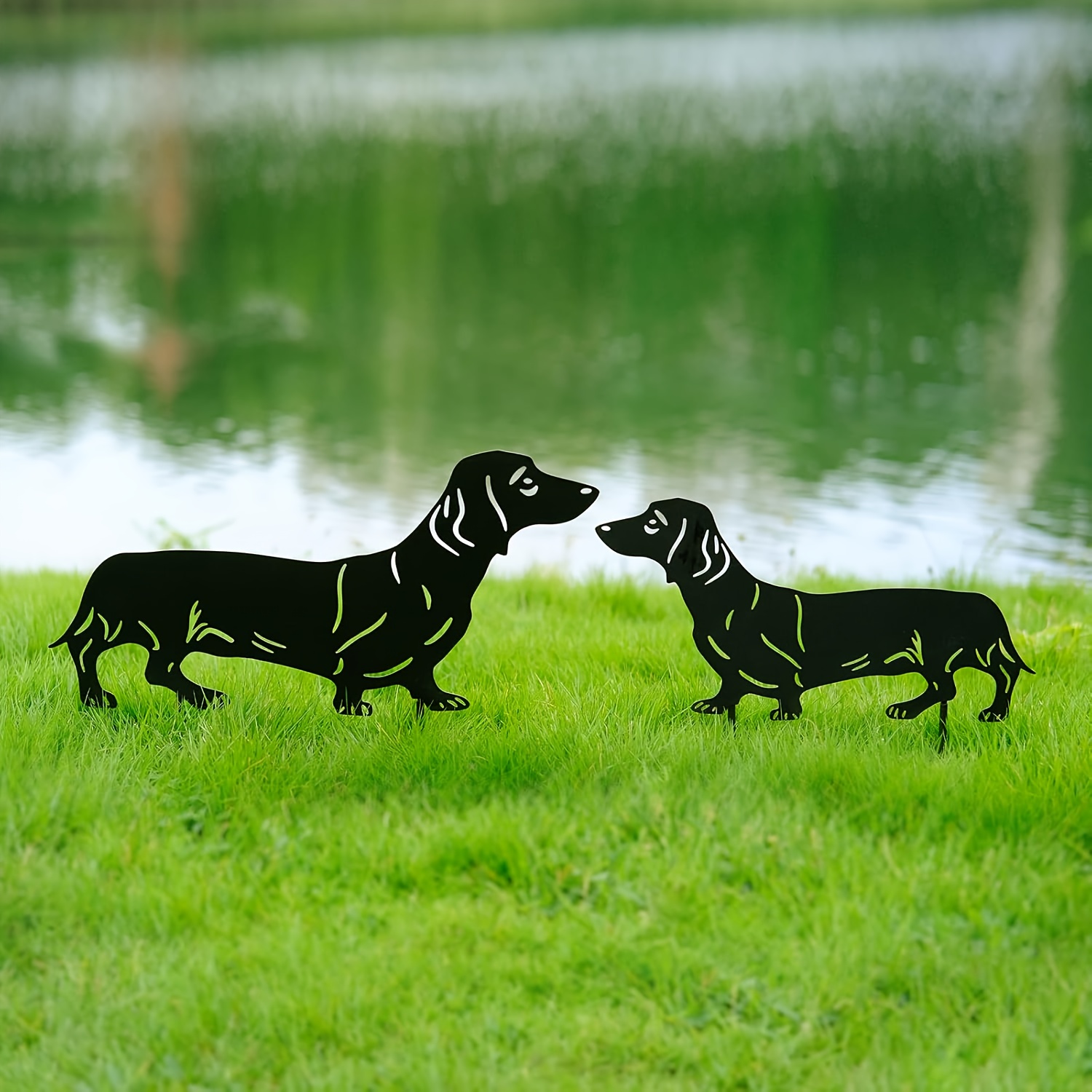 Estatuas Jardín Perro Salchicha PokShow - Pack 2 Figuras Metal Exterior | Decoración Resistente Clima