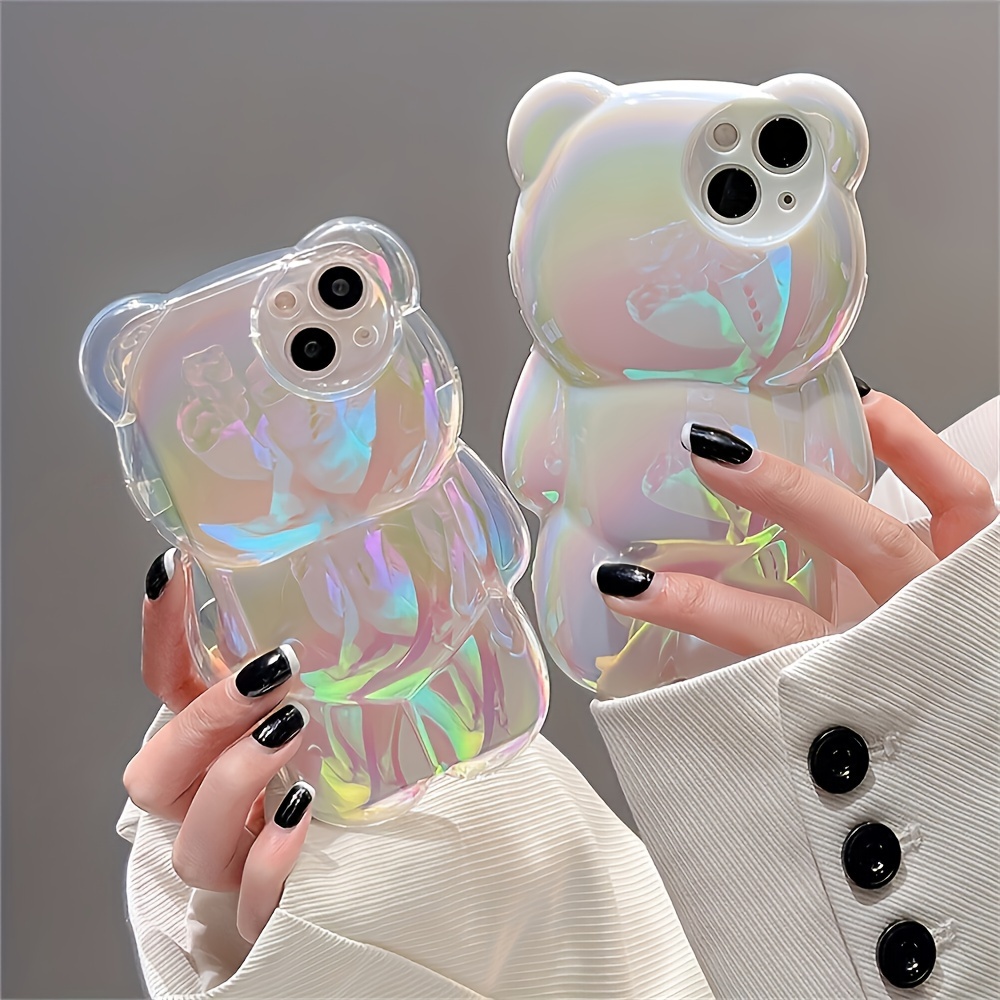 

Cute Bear Aurora Laser Transparent Phone Case For Iphone 15 14 13 12 11 Pro Max Plus Luxury Cartoon Bear Clear Soft Silicone Cover