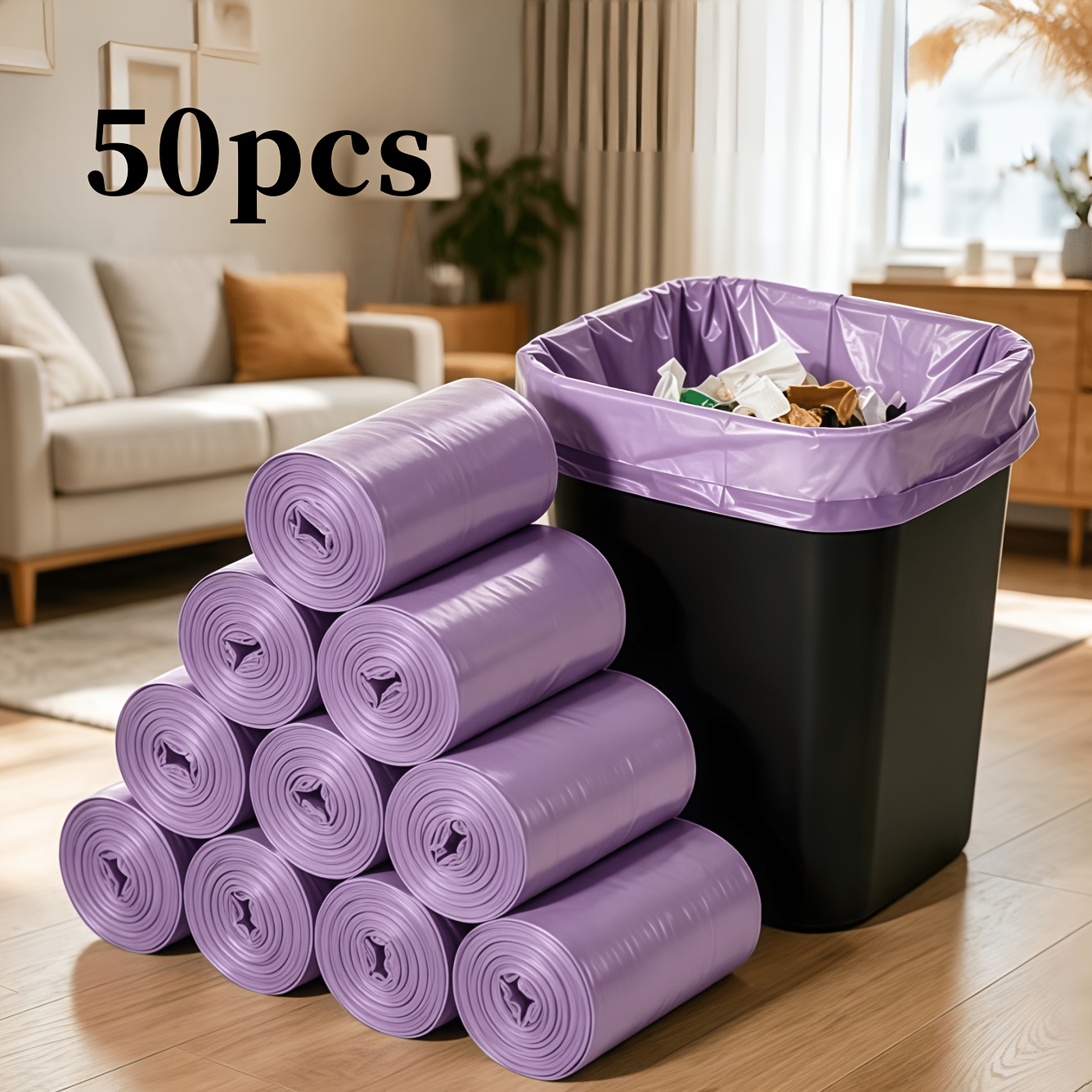 TEMU 5-roll Pack Of 50pcs, Purple, Flat-mouth Trash Bags