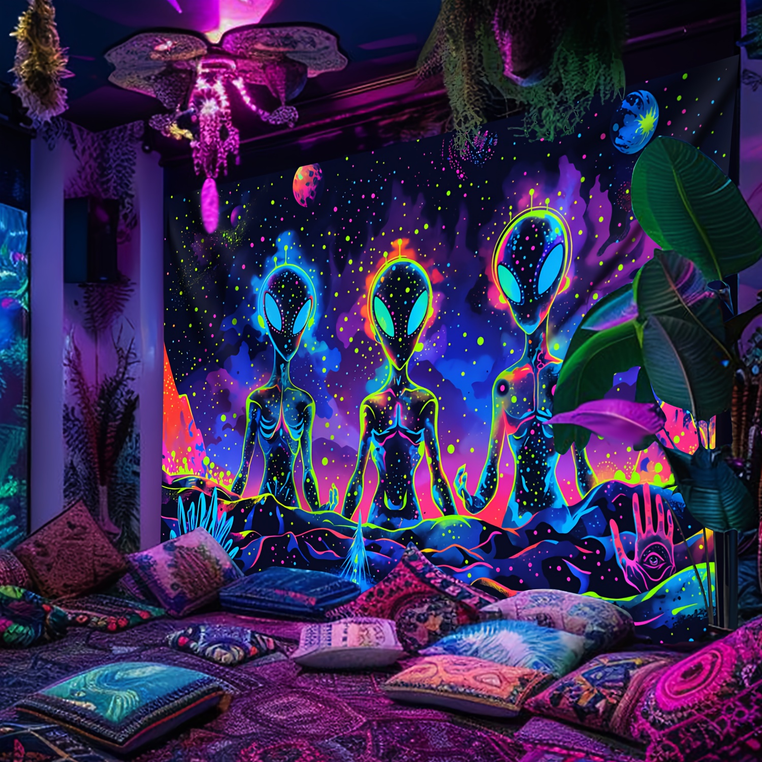 Three Mysterious Aliens Glow In Uv Light Aesthetic Wall Tapestry_voghion.com