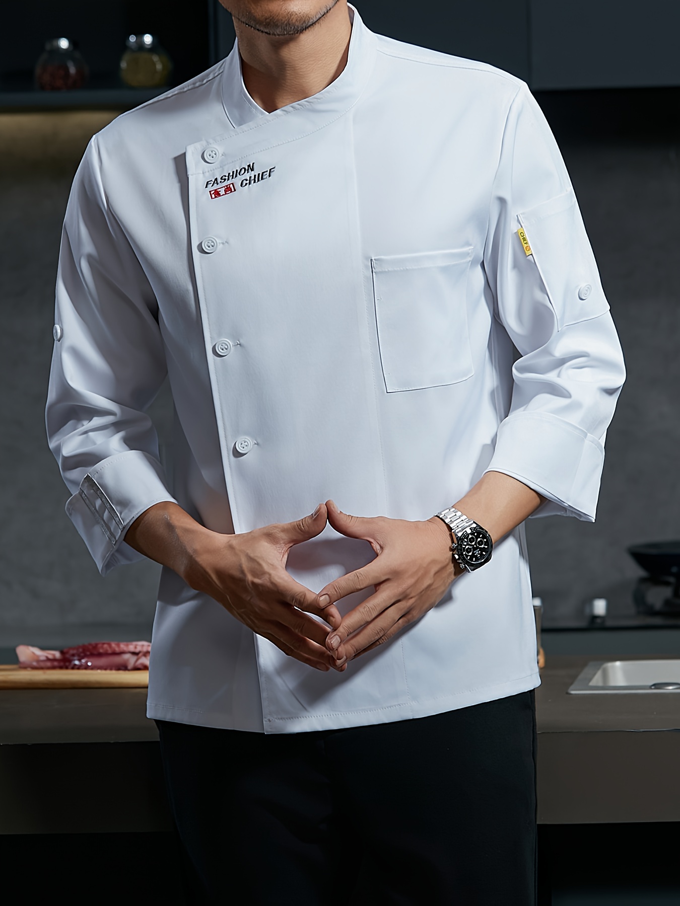 1pc Elegant *'S Chef Coat Top, Adjustable Sleeves, Soft Breathable Fabric,  Solid Color, Button Details, Collared Neck, Polyester 100% Stretc