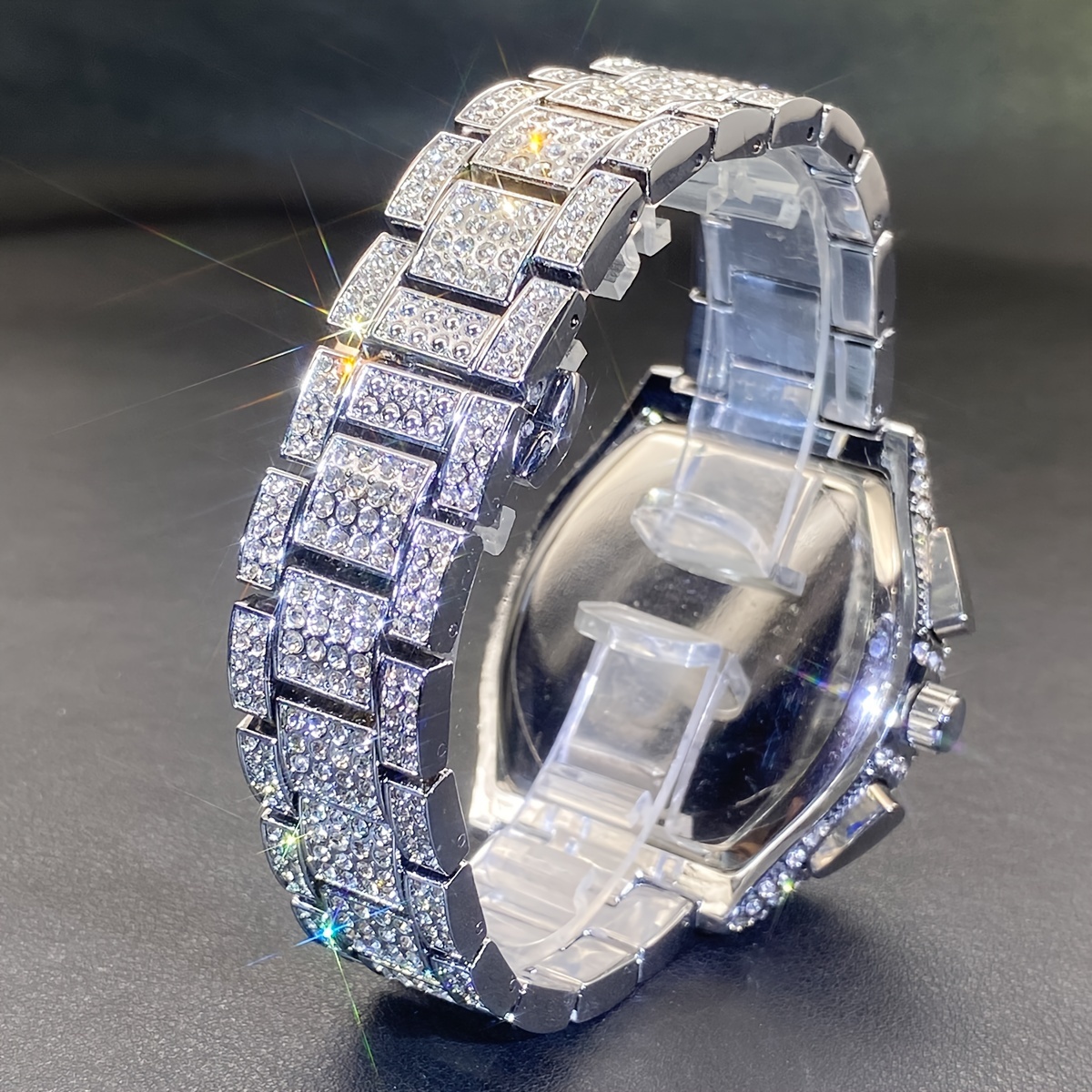 Reloj de cuarzo para hombre MISSFOX con diamantes de imitación, cronómetro estilo fiesta con caja y correa de aleación de zinc no impermeable, esfera electrónica en forma de barril, reloj deportivo de hip hop con pantalla de puntero