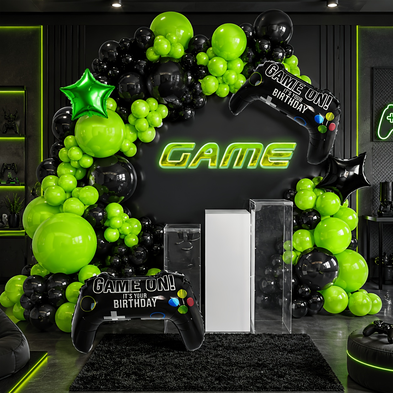 TEMU Elektronisches Spiel Ballonbogen Girlanden Set Schwarz Grün Ballons Beliebtes Spiel Thema Geburtstag Abschlussfeier Dekorationen