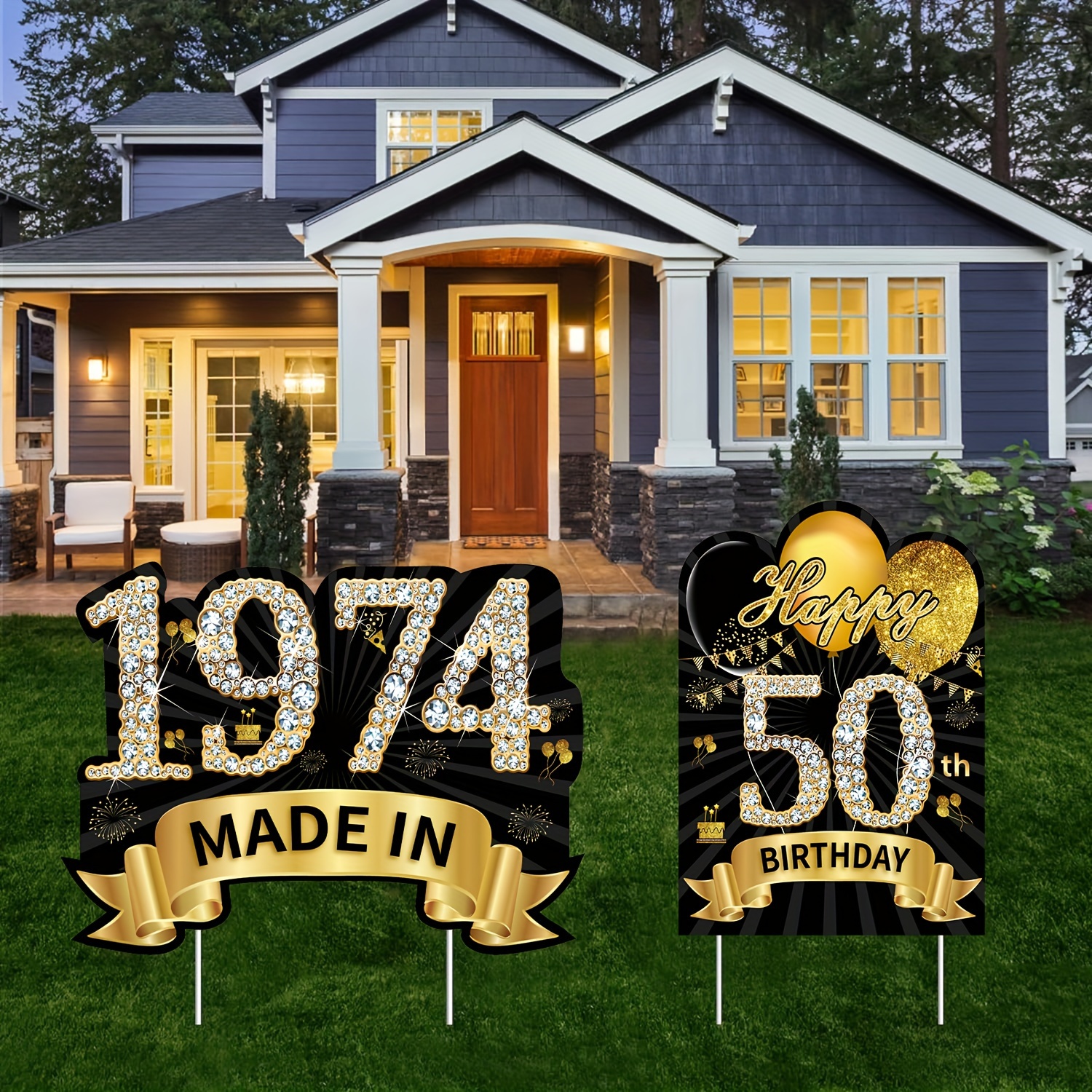 

2pcs 2024 Black Golden 50th Birthday Yard Sign Decorations For Women, Happy 50th Birthday Sign With Stake, Made In 1974 Lawn Sign, Party Supplies, Happy Fifty Year Old Birthday Yard Decor With Stakes