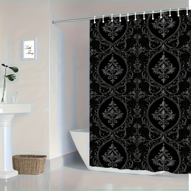 TEMU 2d Flat, 2d Flat, Jit1pc Black And Gray Floral Pattern Printed Shower Curtain, High-end And Elegant Bathroom Curtain With , Suitable For Home