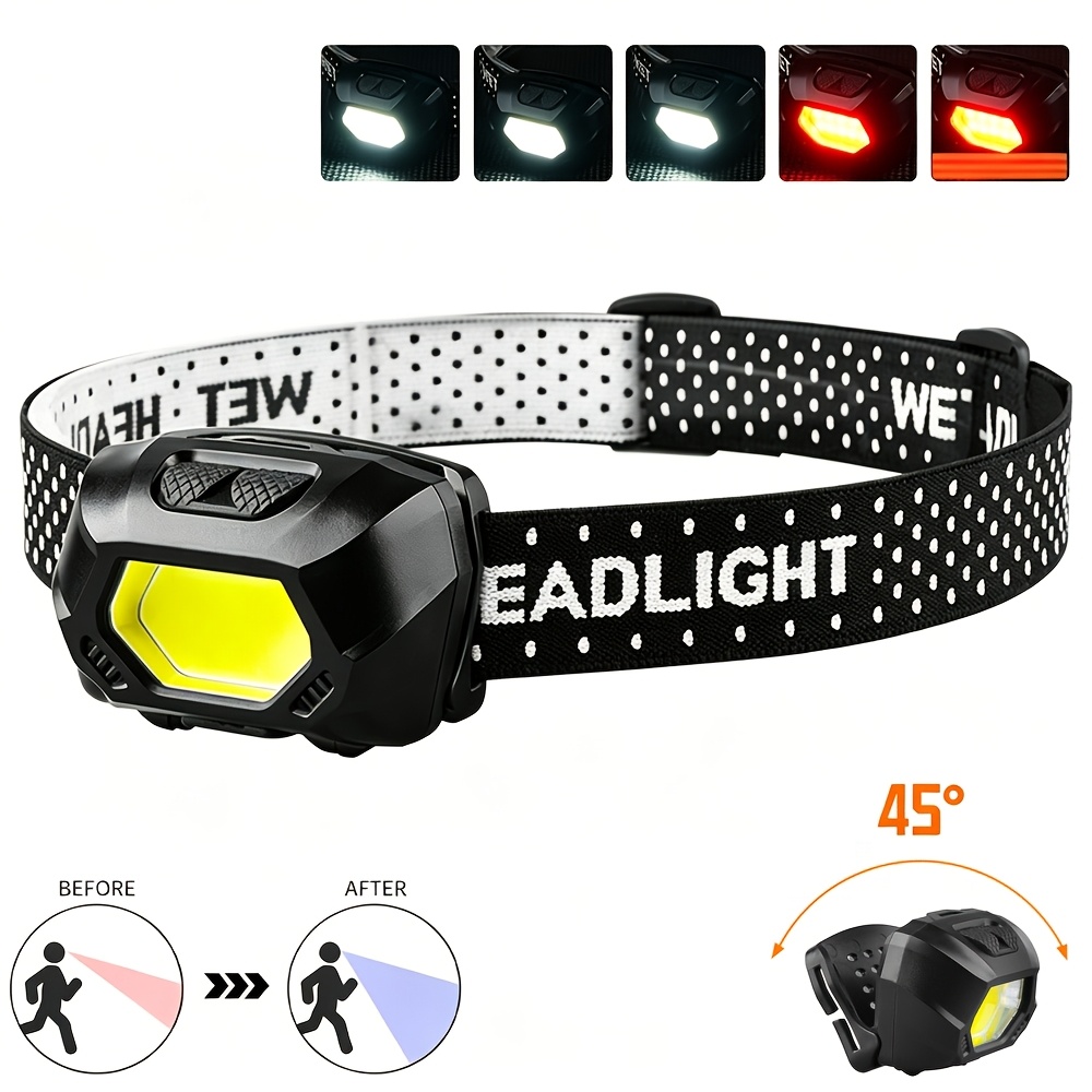 Image of 1pc Cob Headlamp Flashlight, 5 Lighting (red And White Light) With Adjustable Headband, 45 Degree Adjustable Beam Lightweight Headlight For Running, Camping, Hiking, Fishing And Outdoor Emergencies