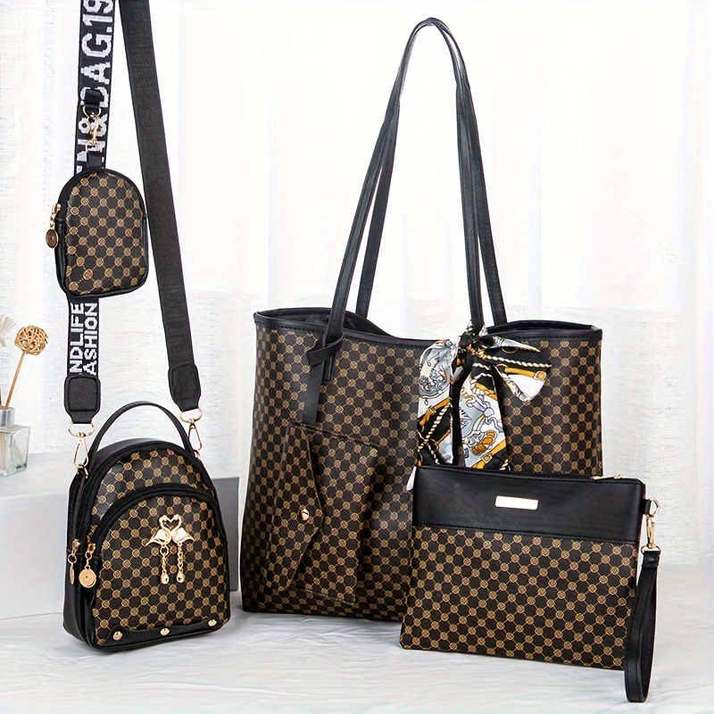 

4 Classic Retro Pattern Bag Set : Large Capacity Tote Bag With Mini Square Shoulder Bag With Hanging Mini Purse, And Clutch Zipper Bag