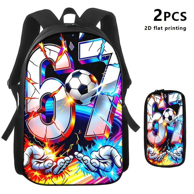 TEMU 1pc/2pcs/3pcs Soccer-themed: Backpack, Lunch Bag, And Pouch Featuring Cool '67' Numbers And Soccer Graphics With Flame And Lightning Accents.