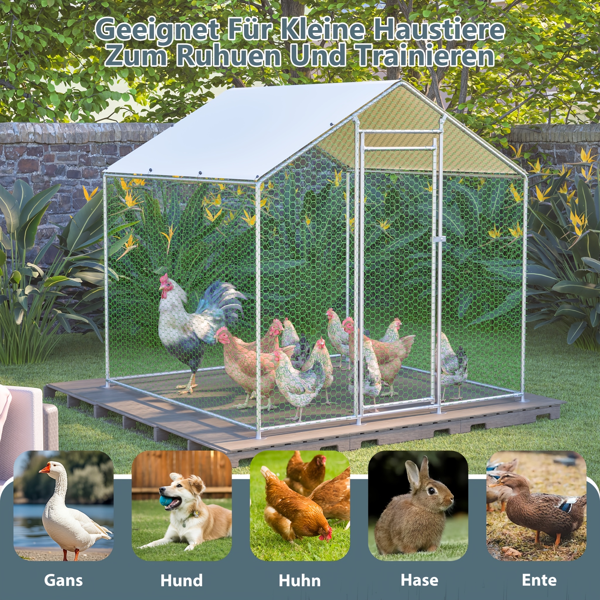 Image of Free-range Enclosure Chicken Coop 203 X 197 X 200cm With Safety Lock And Rainproof Pe Cover, Metal Enclosure For Chickens, Rabbits, And Other Small Animals