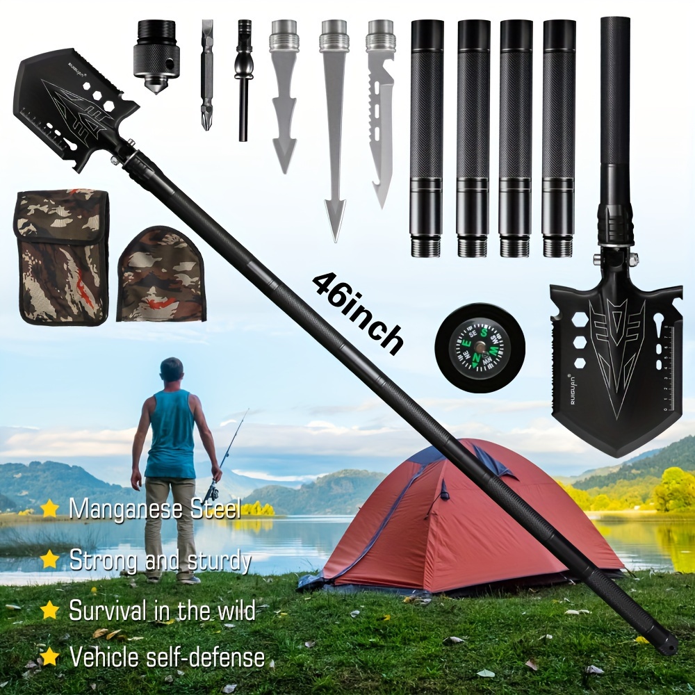 

Folding Camping Shovel, Shovel With Bag, Heavy Duty Carbon Steel Entrenching Tool, Foldable Collapsible Shovel For Off Road, Gardening, Snow, Trenching, Car Emergency