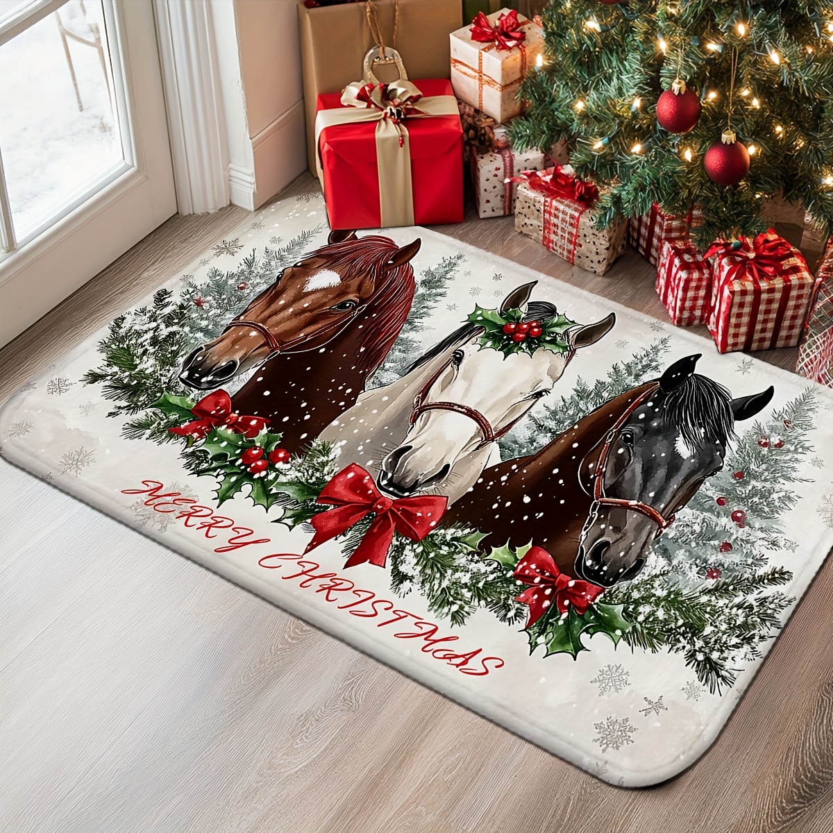 Image of 1.2cm Horse Christmas Decoration Door Mat, Entry Rug For Home Decor, Machine Washable Carpet For Living Room, Bedroom, Kitchen & More Christmas Theme, Christmas And New Year Gifts For