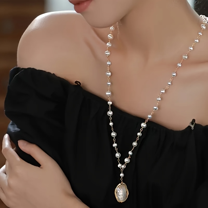 TEMU 1pc Women's Baroque Necklace - -coated Suitable For Sweater Chains, Elegant Long Strand For Blouse/ramirena System, Daily Wear Gift For Sweater