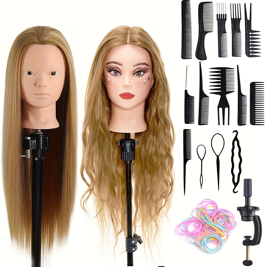 24" Brown Cosmetology Mannequin Head For Hair Styling And Hairdressing Practice, Complete With Clamp Holder And Tools