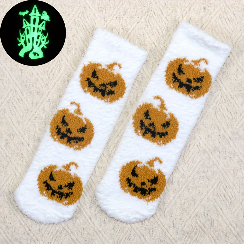 Image of 1 Pair Halloween Transparent -the-dark Non-shedding Autumn Winter Warm Coral Fleece Socks "trick Or Treat" "boo" "halloween" Halloween Series Best Gift For Family