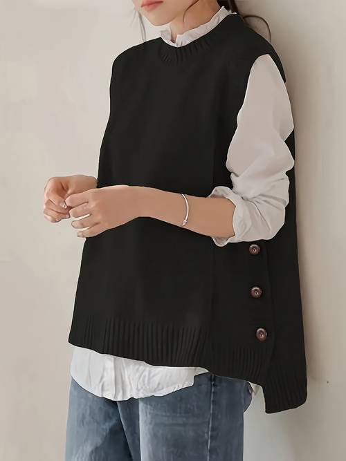 item picture new relaxed style sleeveless side button vest loose all match round neck pullover sweater