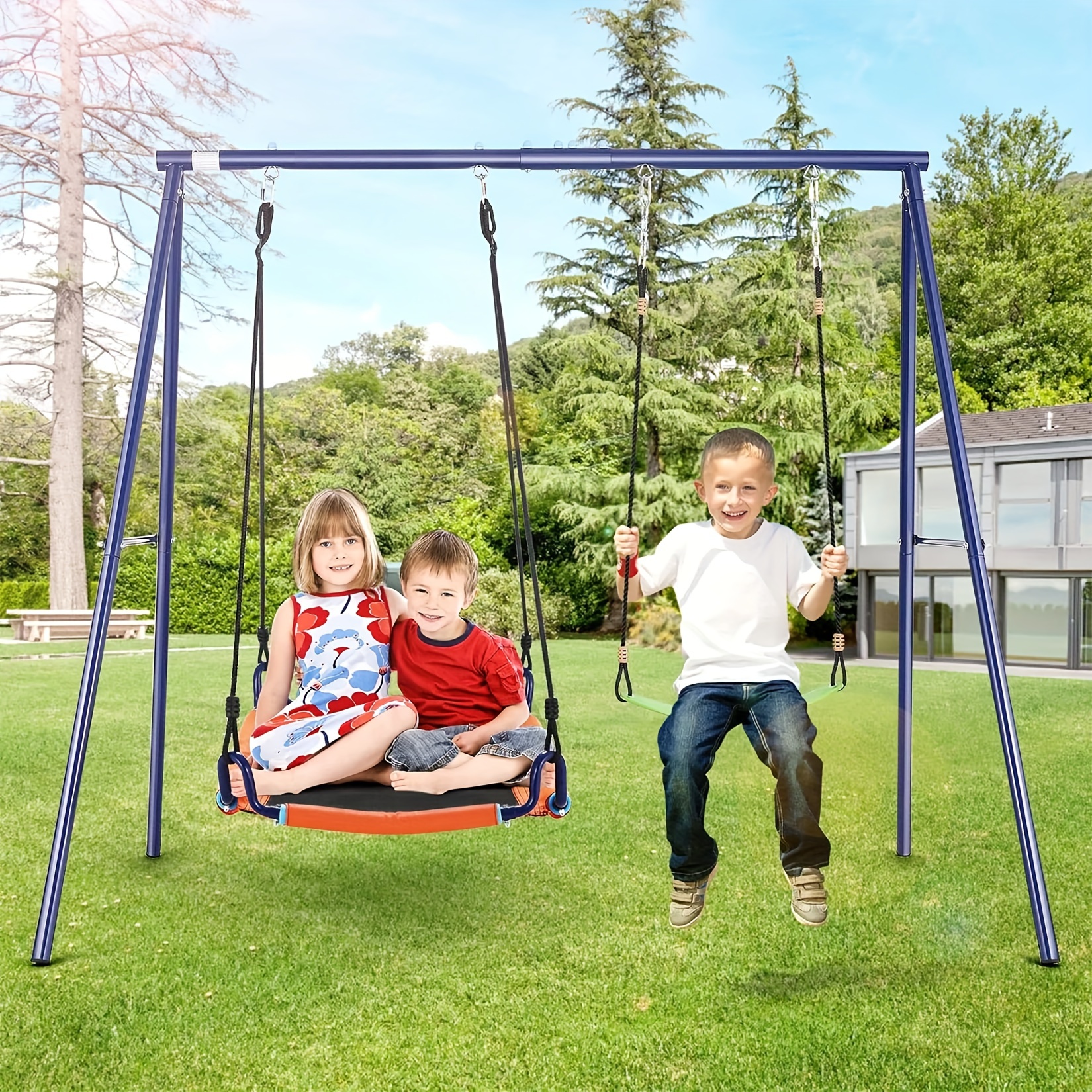

Backyard Swing Set For Kids, 440lbs Outdoor Playground Swing Set With Heavy Duty Metal A-frame Swing Stand, 2 Adjustable Swing Seats For Backyard, Park And Playground