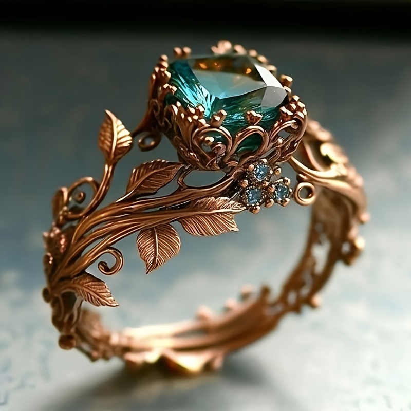 Leaf Shaped Copper Ring with Sparkling Synthetic Zirconia