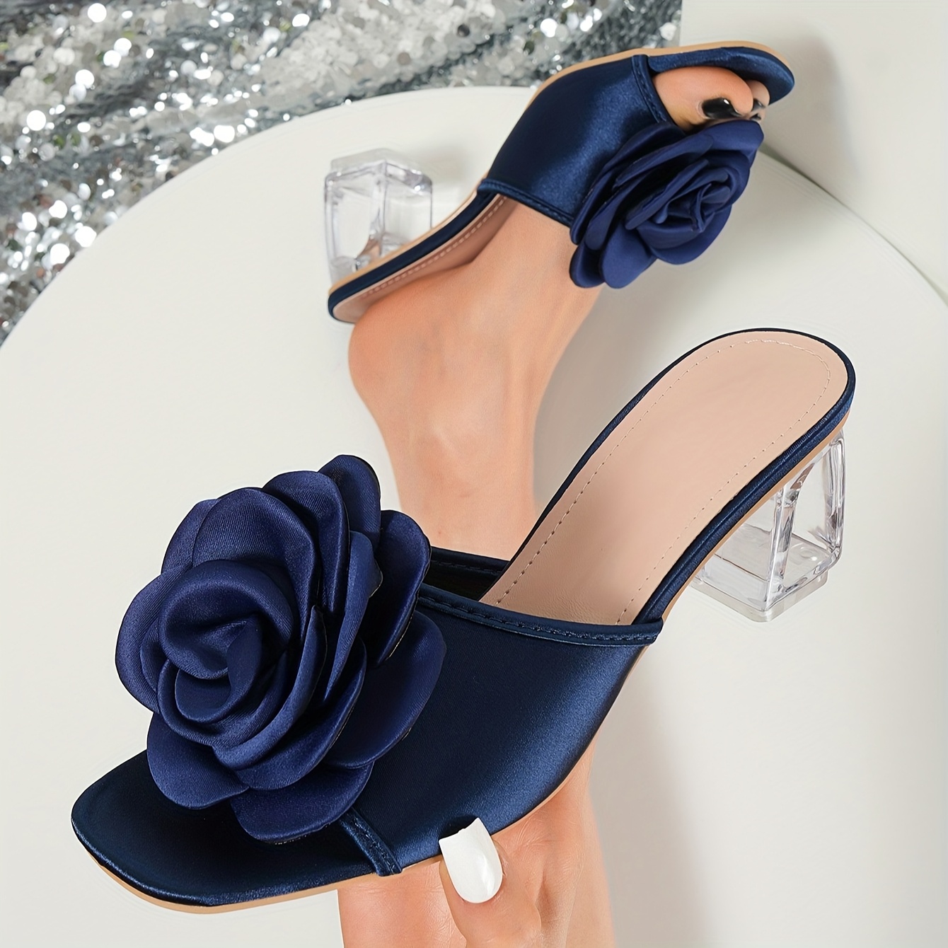 Women'S Navy Blue Floral Strap Block Heel Sandals Square Toe, Transparent  Crystal Accents, Slip-On Summer Dress Shoes for Weddings, Parties Casual 