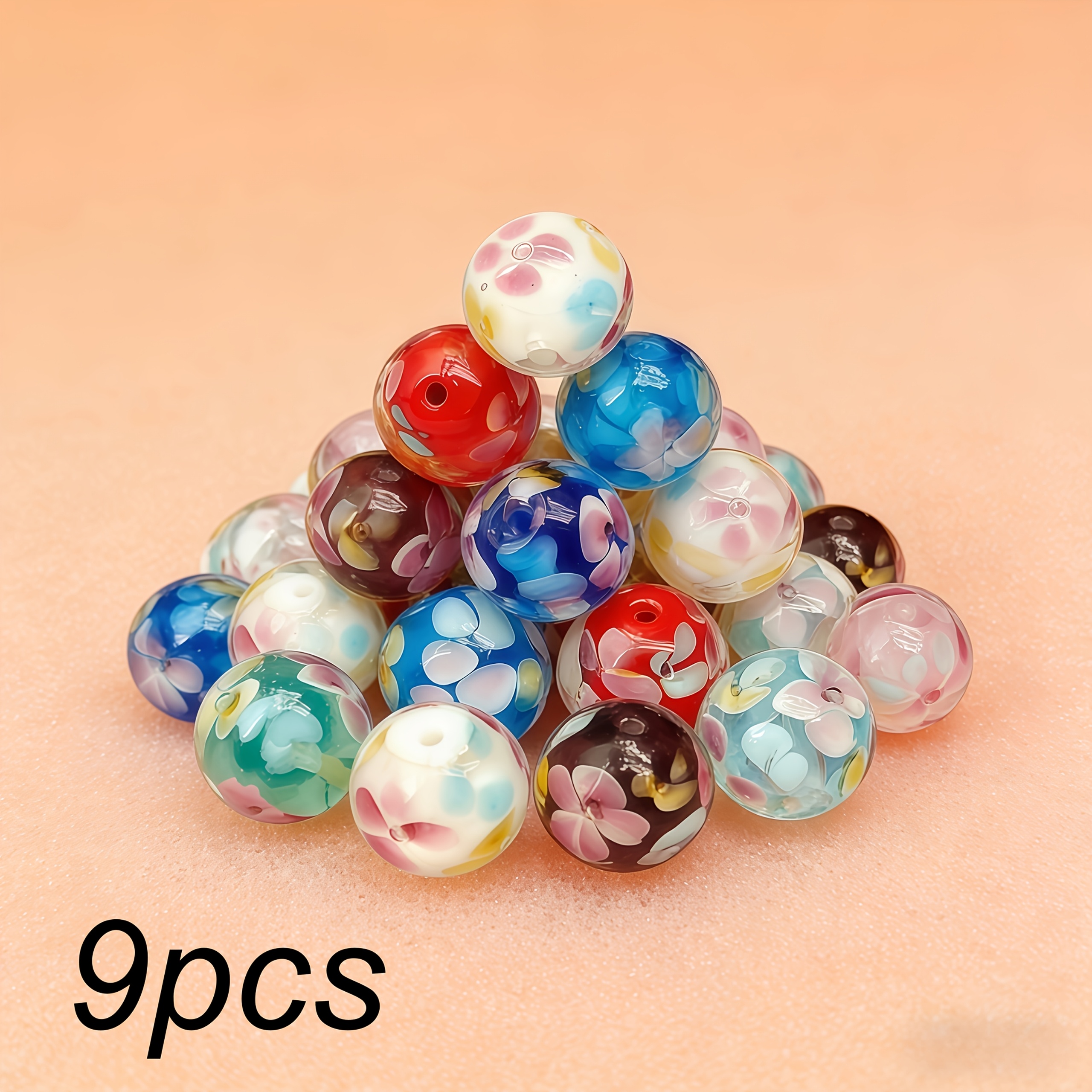 TEMU 9pcs/12mm Double-layer Cherry Round Glass Loose Beads, Random Mixed Colors With Transparent Petal Pattern, Suitable For Diy Necklace Jewelry