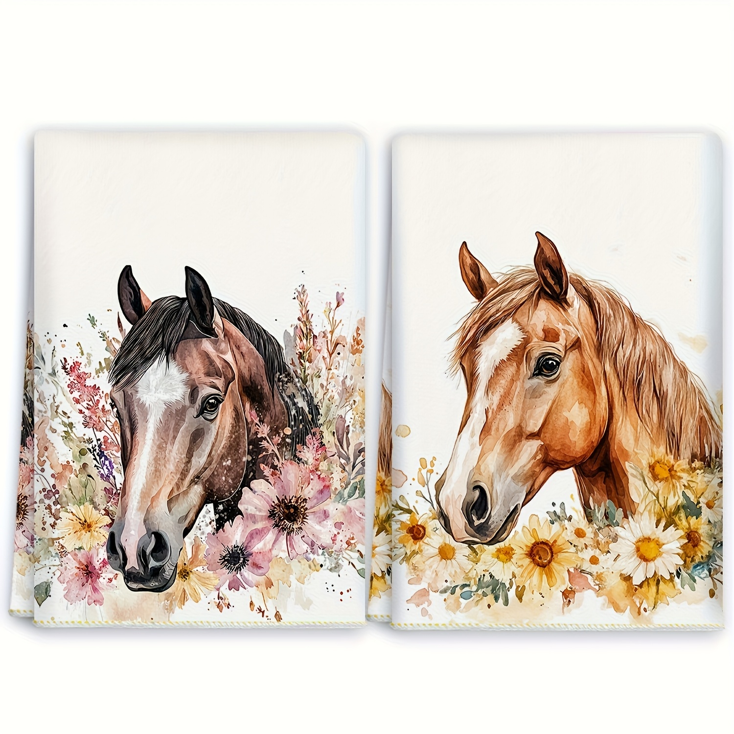 TEMU Cleaning Cloth 2pcs Kitchen Towels, Country Style Floral And Horse Pattern, Spring Gift For ' Birthday And Housewarming Parties, Multifunctional