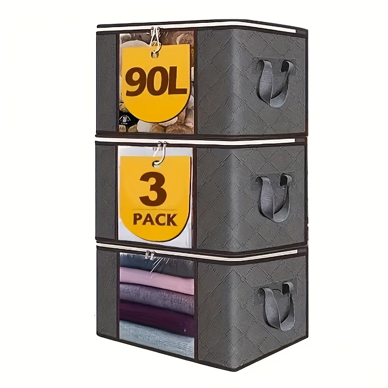 E-shop 3 Stück Große Faltbare Wäschesäcke mit verstärkten Griffen, robuste Reißverschlüsse & Sichtfenster – Grauer Quilt-Organizer für Decken,