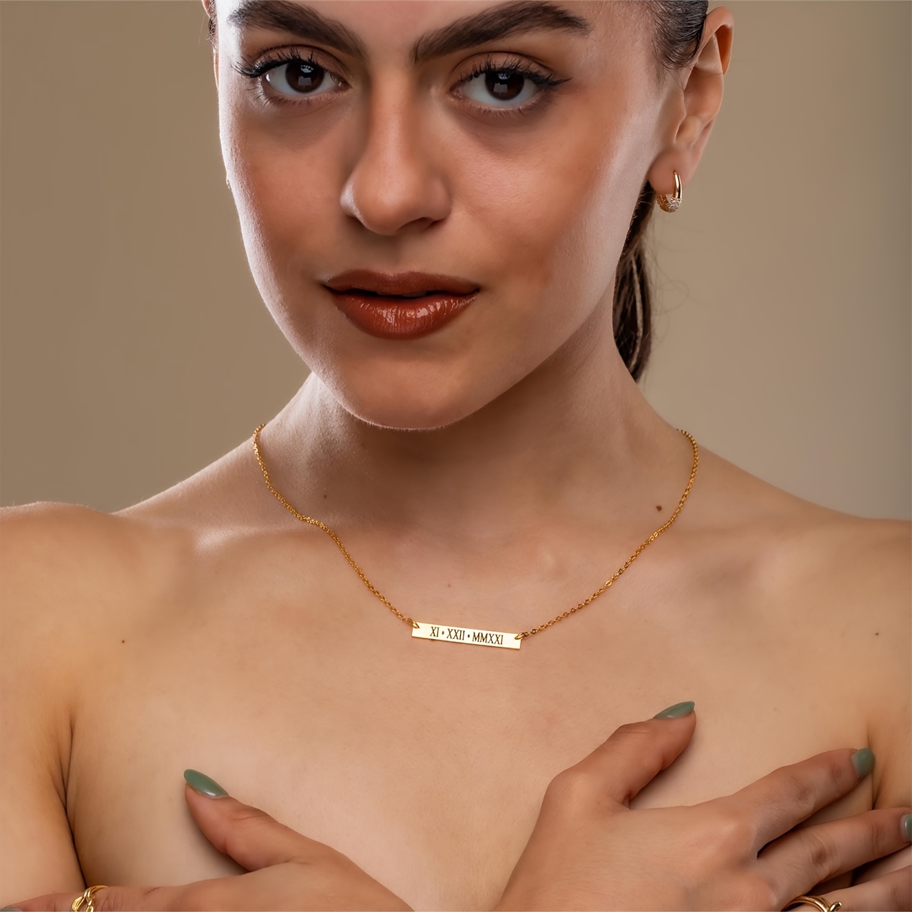 Custom Roman Numeral Bar Necklace, 18K Golden Plated