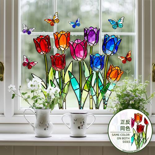 1 rijke tulp vlinder statisch hechtende raamsticker, dubbelzijdige glazen sticker in dezelfde , zonlichtbreking -in-lood effect, decoratieve sticker voor keuken- en slaapkamerraam