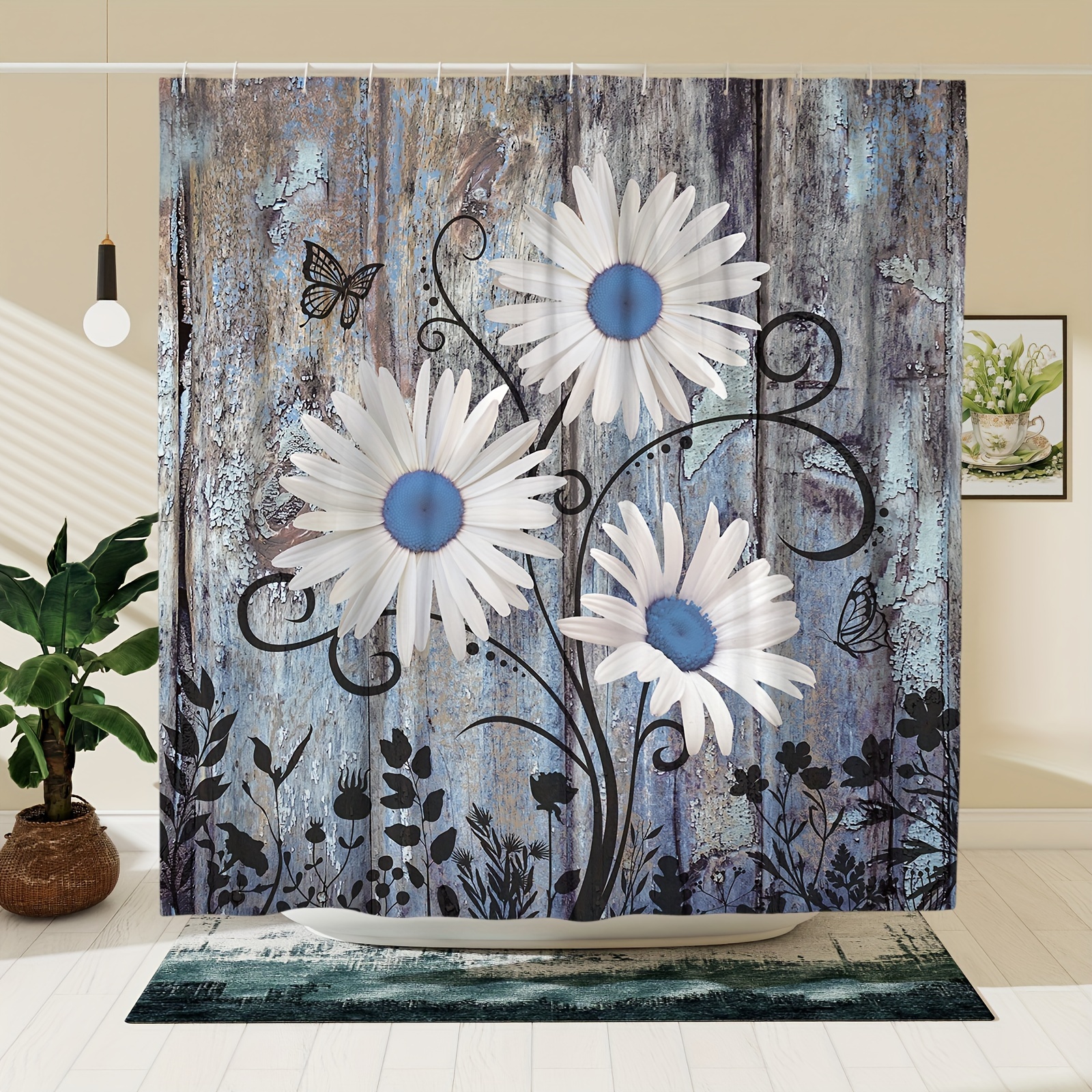 

1pc Vintage Rustic Daisy Pattern Shower Curtain, Waterproof Bathroom Shower Curtain With Hooks, Suitable For Spring Bathroom Bathtub Decoration, Bathroom Accessories, Home Decor