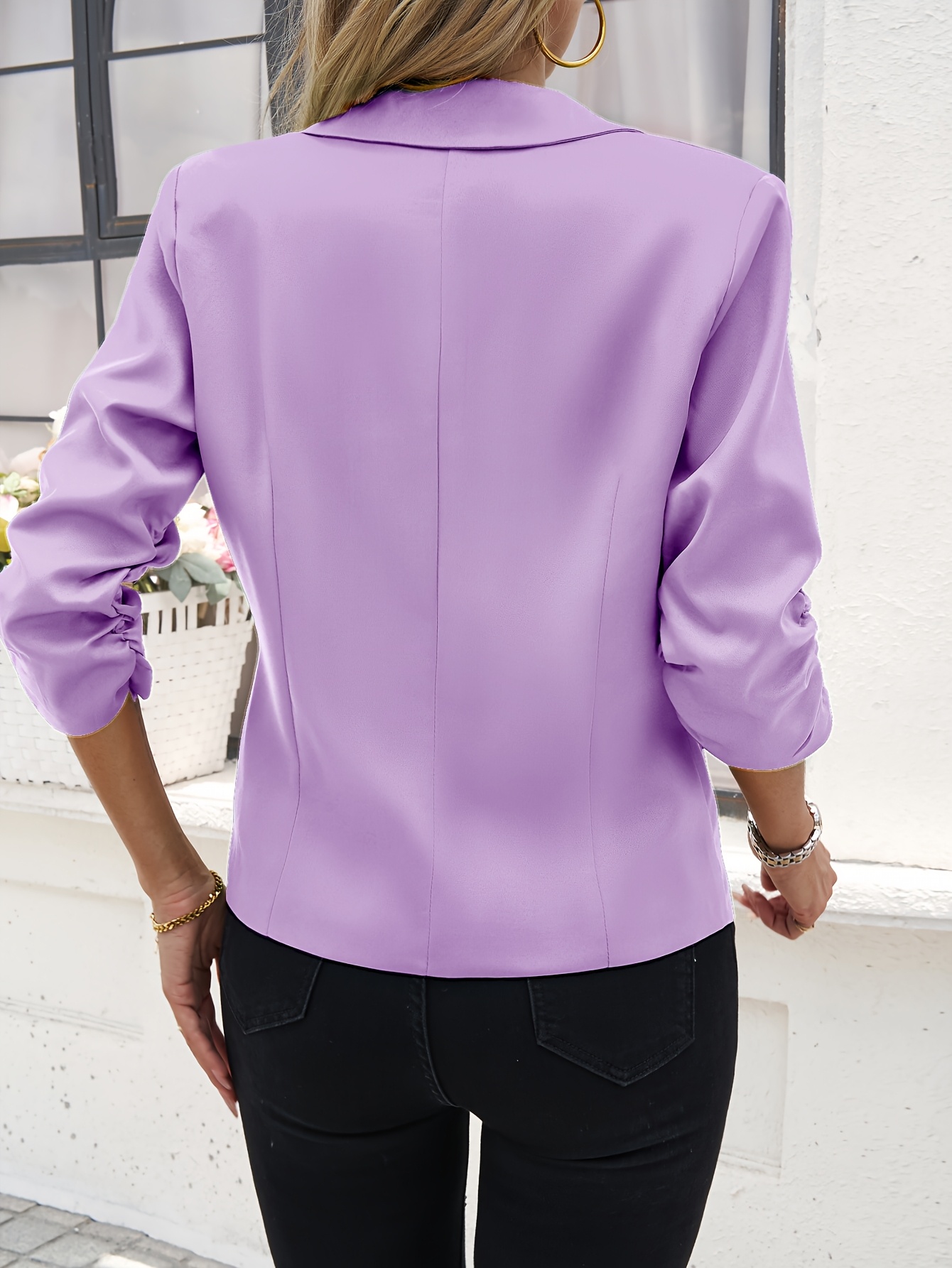 Women's Light Beige Casual Blazer - Open Front, 3/4 Sleeve, Polyester, Machine Washable, X-Shaped Silhouette, Perfect for Spring & Fall