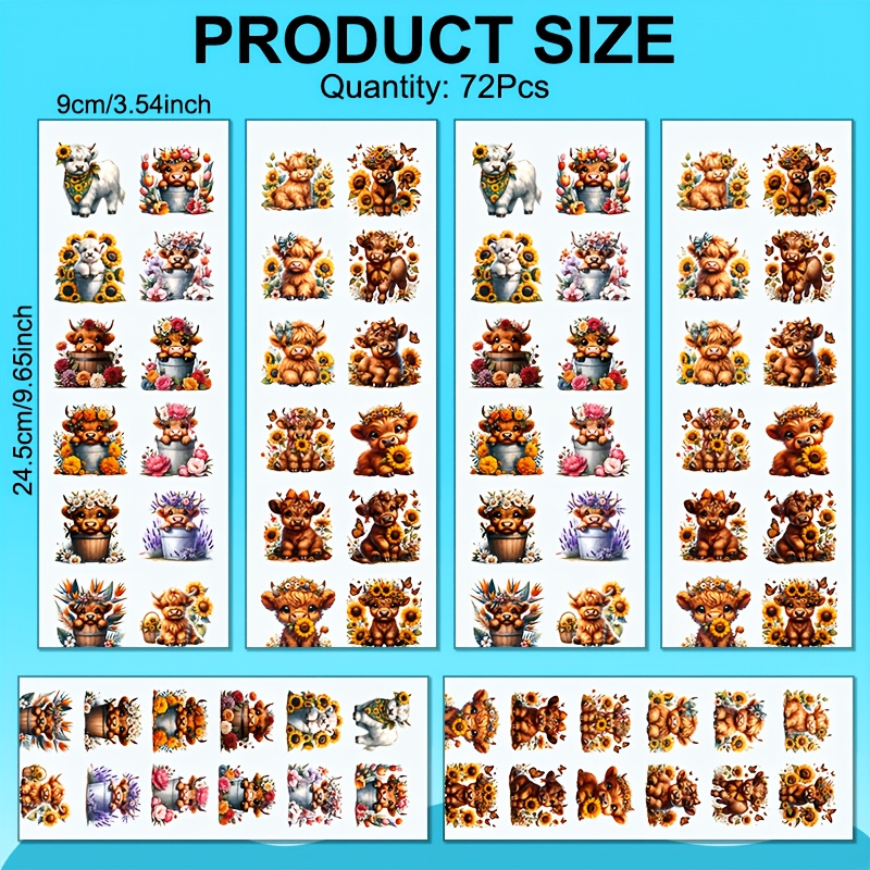 TEMU 72pcs Sunflower Highland Cow Theme Keychain Transfer Paper - Vibrant, Waterproof Uv Dtf Transfer, Suitable For Diy Crafts, Keychain Accessories,