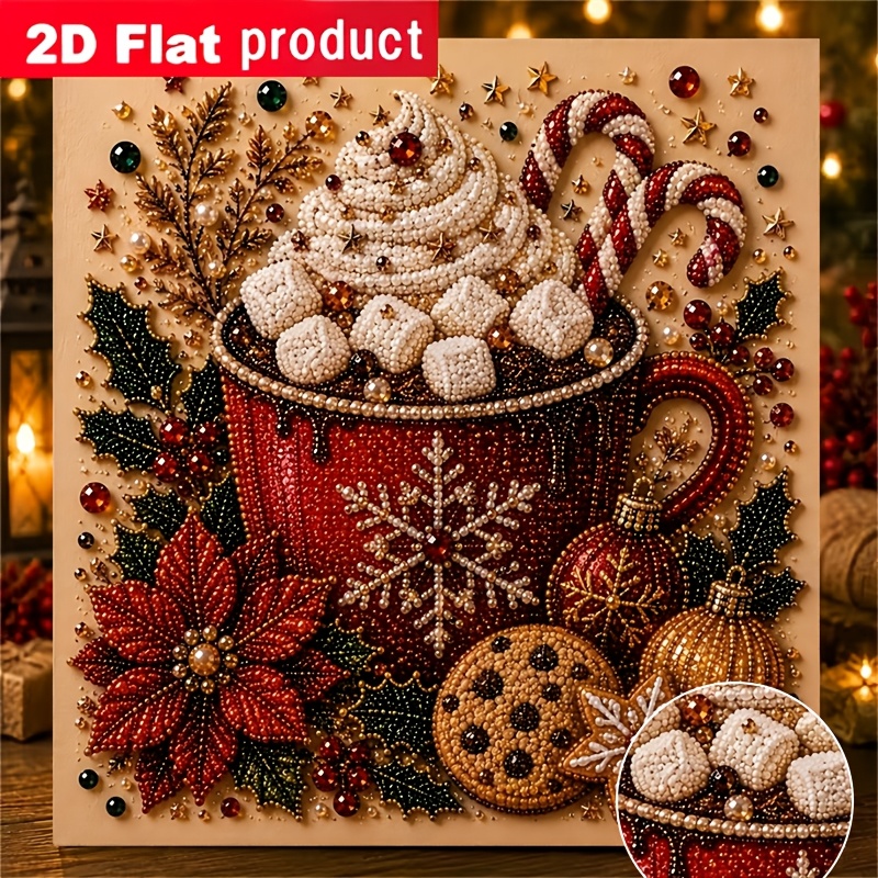 TEMU New Colored Diamond Painting Kit, Winter Warm Drink Theme Diamond Painting, Hot Chocolate With Marshmallows And Christmas Decorations, Suitable