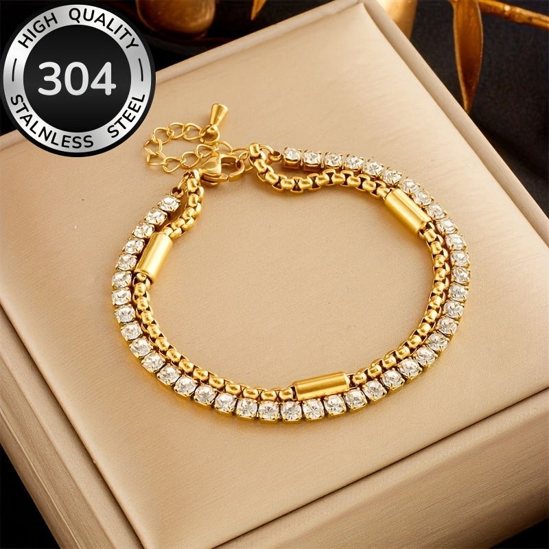 Image of 1pc Fashion Double Layer Stacked Square Golden 304 304stainlesssteel Bracelet With European And Exquisite Suitable For Parties Banquet Vacation Ladies' Fashion Jewelry Gifts