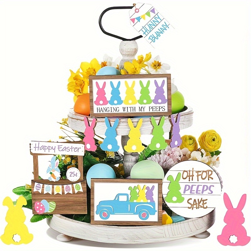 

13pcs Easter Tiered Tray Decor Set, Wooden Signs, Rustic Farmhouse Spring Table Decorations, Floor Mount, With No Power Needed For Home And Easter Table