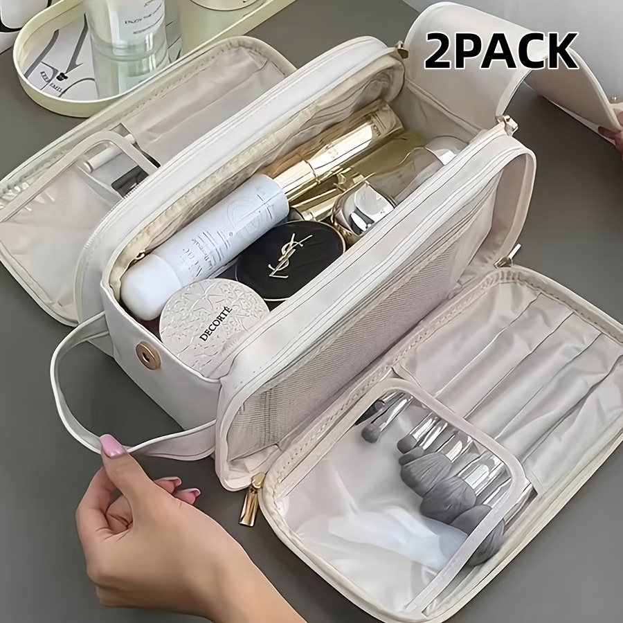 TEMU 2pack High Quality Makeup Bag For Women, Multi-pocket Travel Cosmetic Case With Brush Holder & Divider, Portable Large Toiletry Organizer Bag
