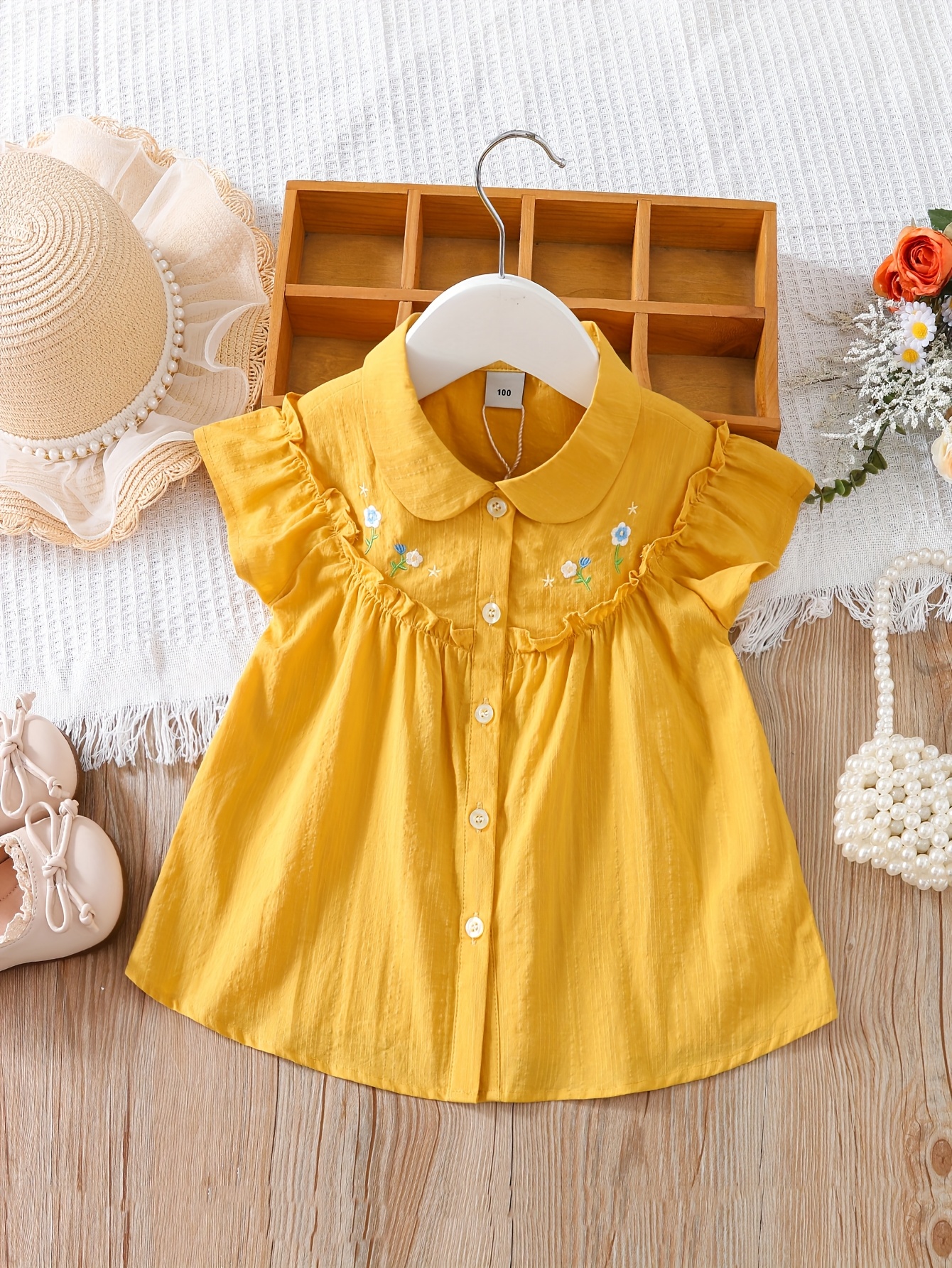 Girls' Summer Sleeveless Blouse with Collar Floral Embroidery Soft  Pink Short Sleeve Shirt, Button-* Lightweight